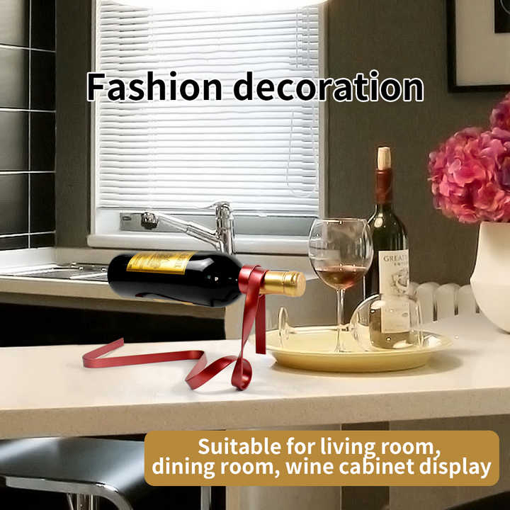 Ribbon-style wine bottle holder displayed on a countertop with a bottle