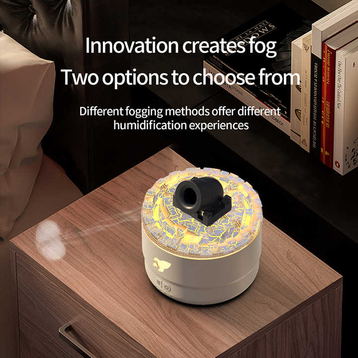 White cannon-shaped diffuser with yellow mosaic LED top ring and mist nozzle