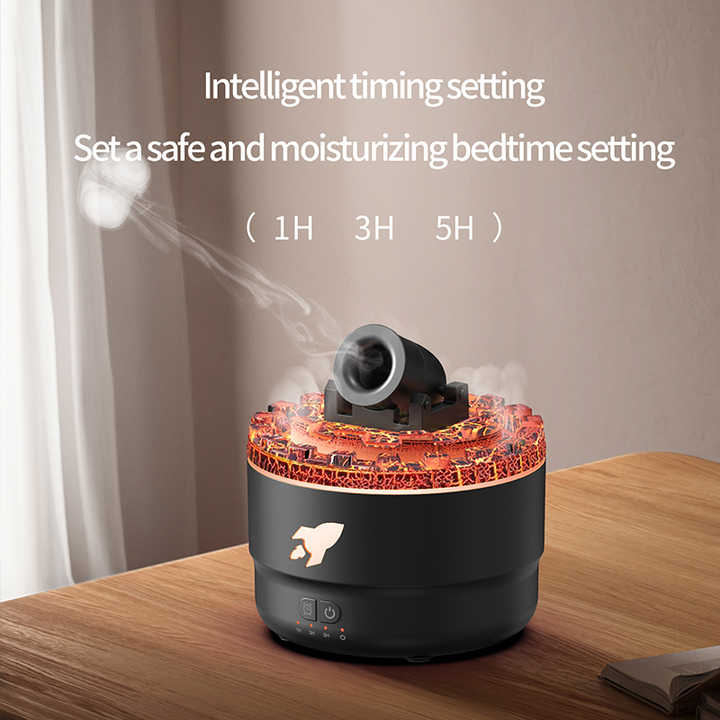 Black cannon-shaped diffuser with red-orange LED top ring and mist nozzle