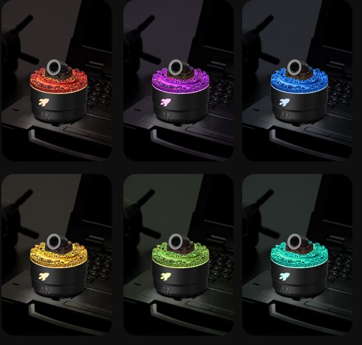 Desktop aromatherapy diffuser with multicolor LED rings in a grid of views