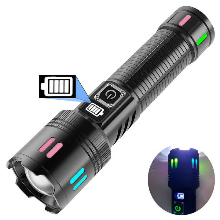 Rechargeable emergency flashlight, black body with glowing indicator bars and switch panel