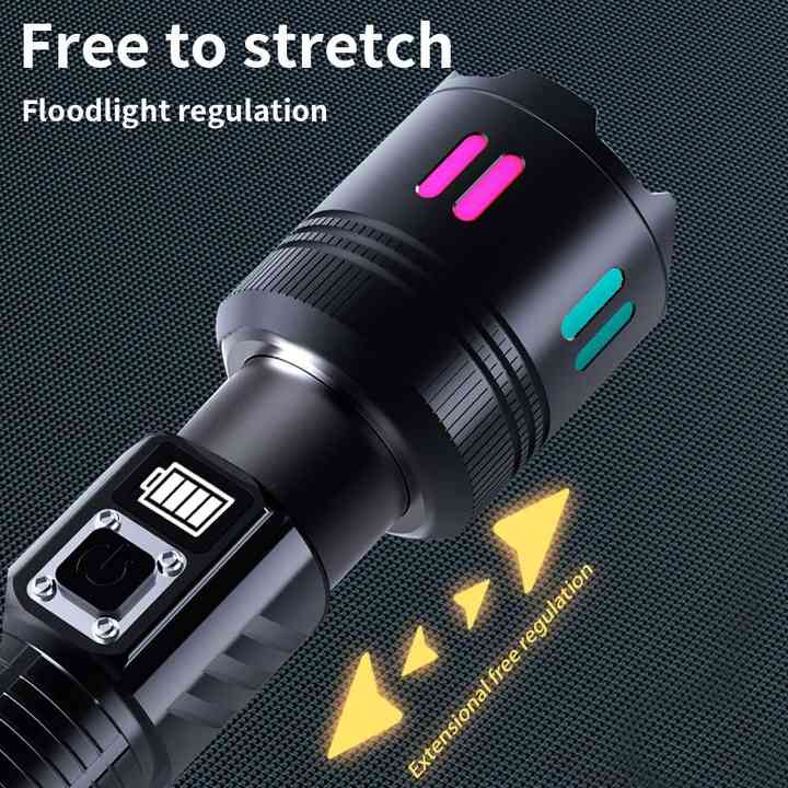 Rechargeable flashlight with ribbed grip, glowing pink and blue indicator bars and switch