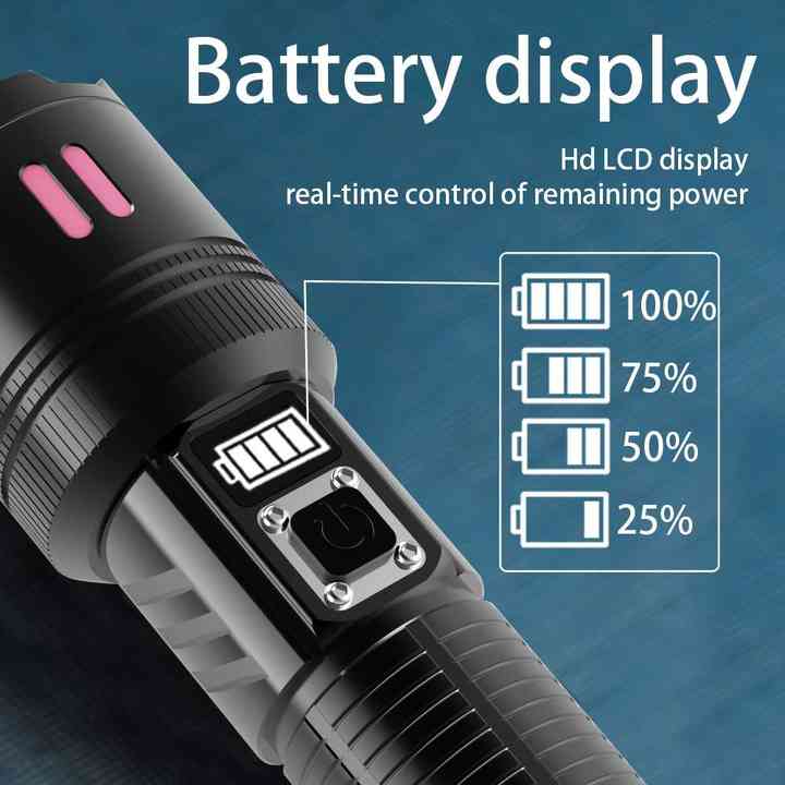 Rechargeable flashlight with integrated battery display and glowing indicator bars on handle