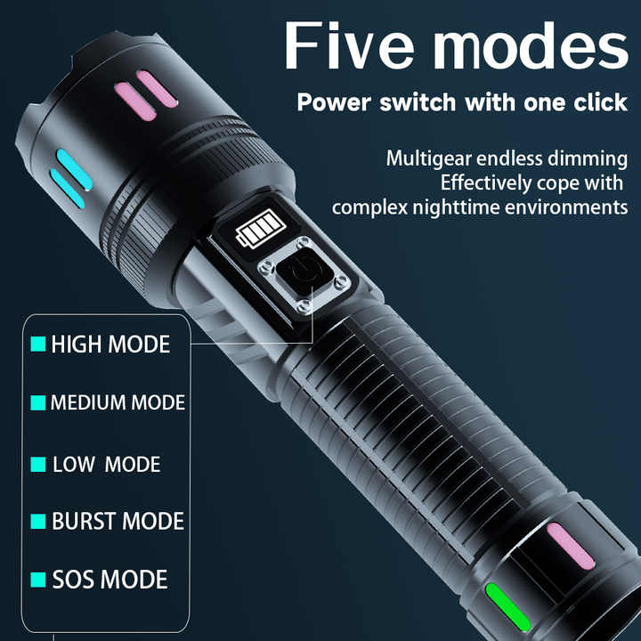 Rechargeable flashlight with multi-mode button and glowing mode indicators, black body