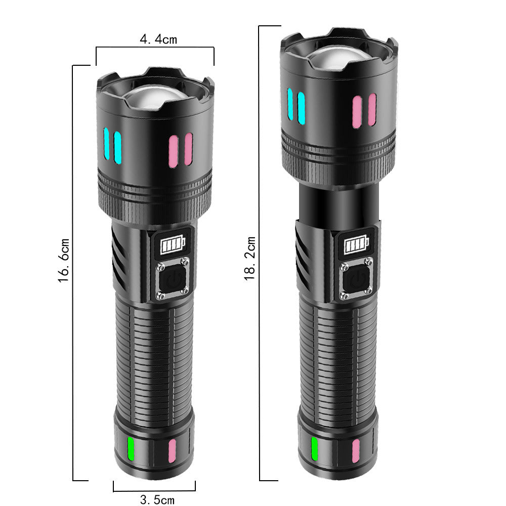 Rechargeable flashlight, black body shown with top charging cradle and glowing indicator bars