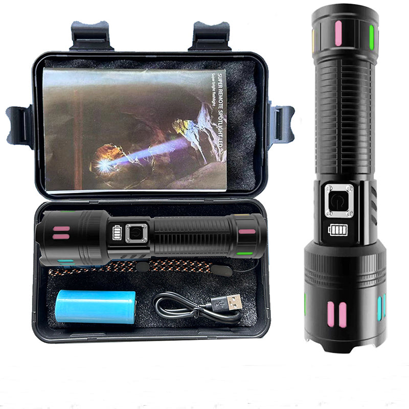 Rechargeable flashlight in open gift box with blue battery pack and USB cable