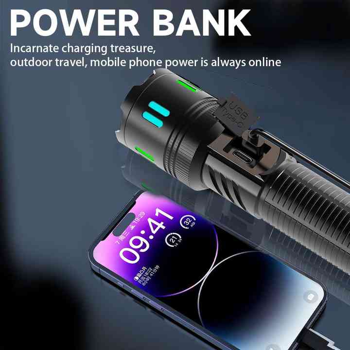 Rechargeable flashlight with colorful LED indicator bars near smartphone-style charging screen