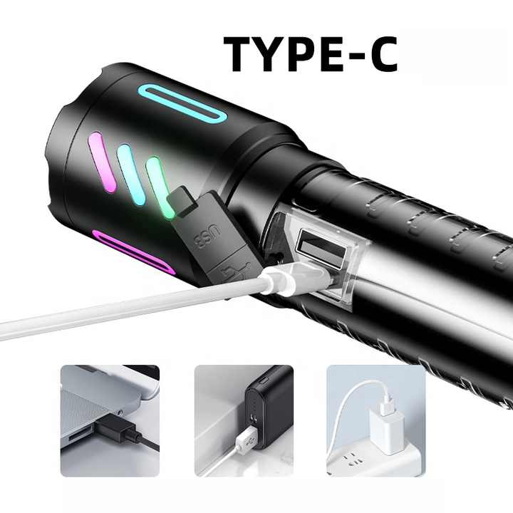 LED Rechargeable Laser Flashlight ??Multifunctional Type-C Strong Light Torch with Adjustable Zoom