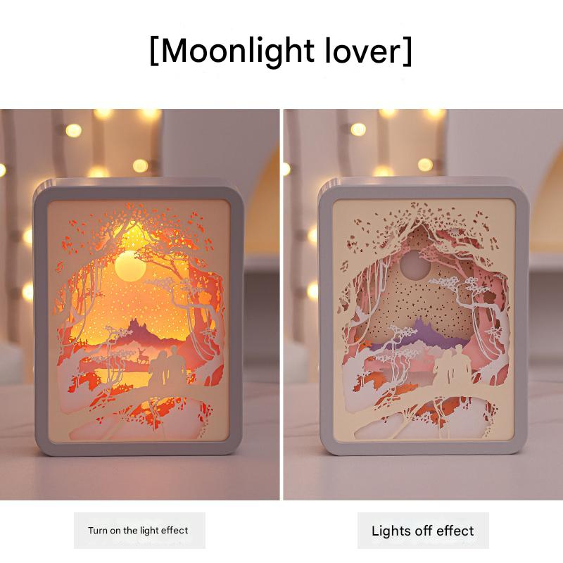 Square 3D paper carving night light, gray frame with warm starry tree scene