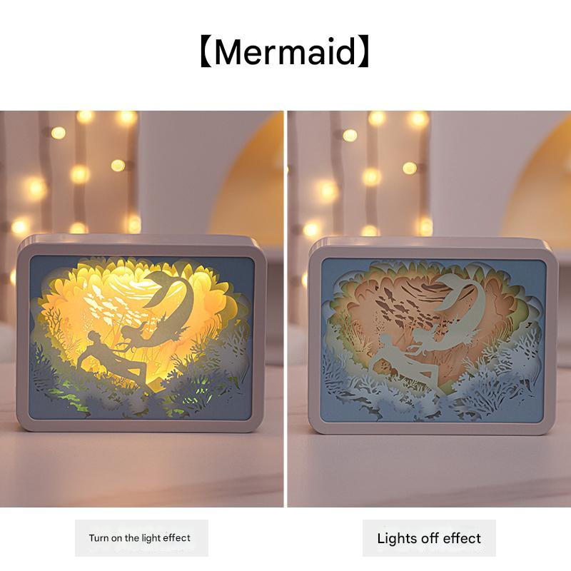 Mermaid-themed 3D paper night light with starry mermaid silhouette inside gray frame