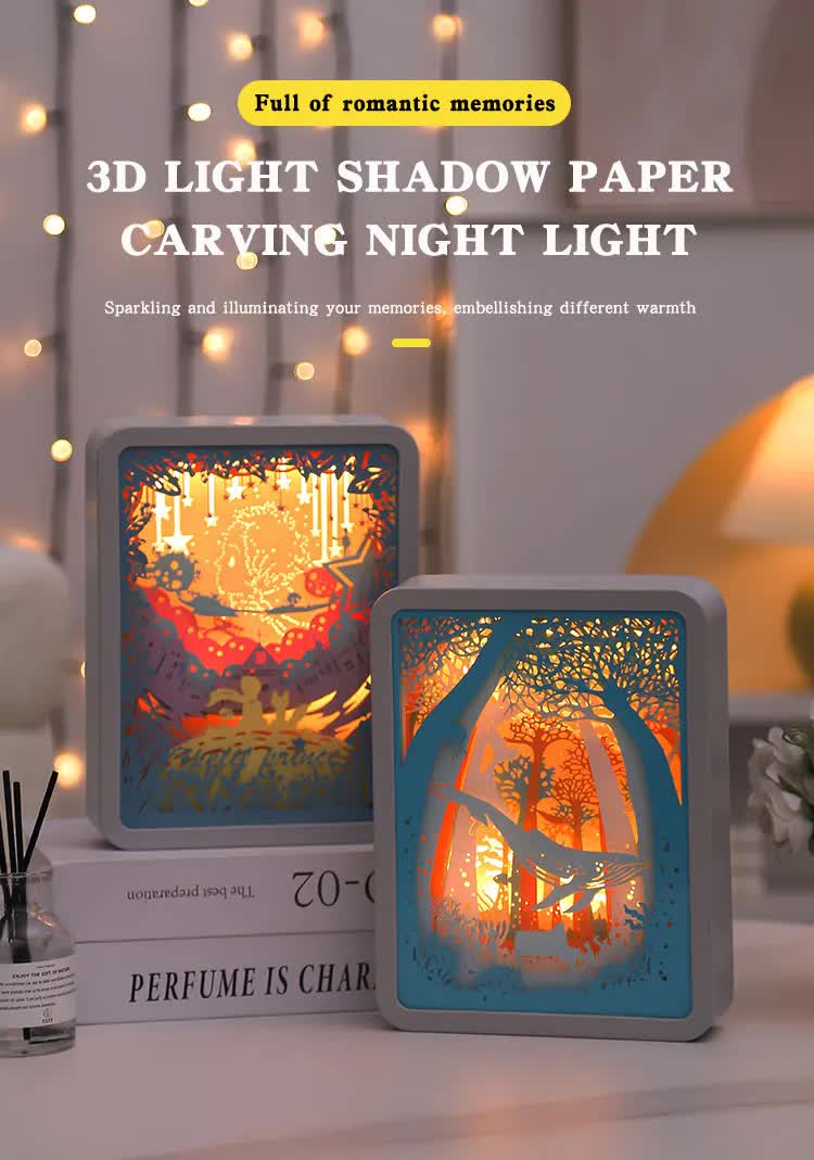 3D paper carving night light set with two blue-framed designs, warm light