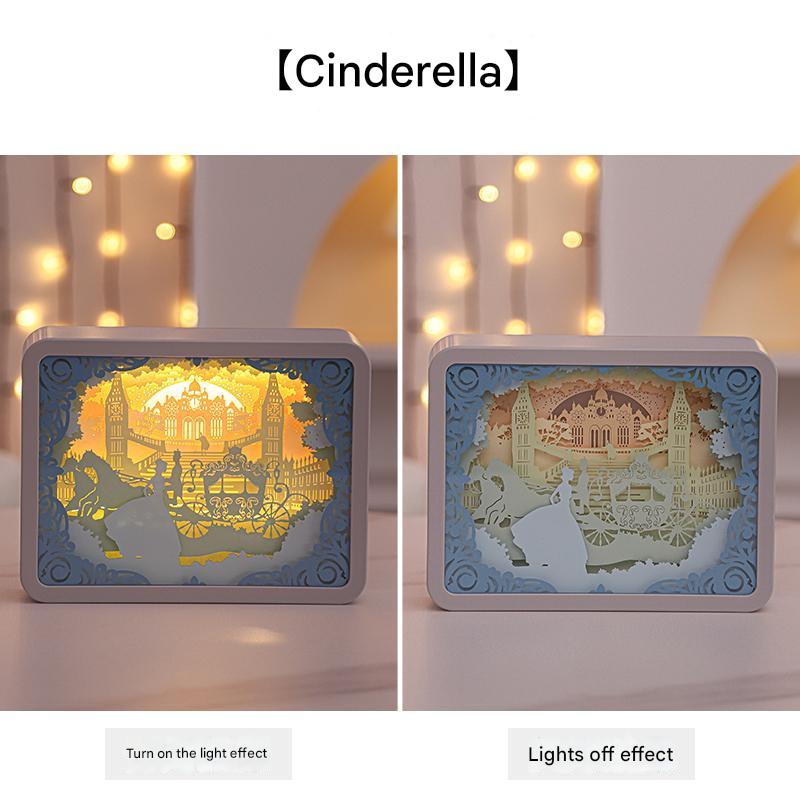Cinderella 3D paper carving night light, gray frame with blue illustrated castle scene