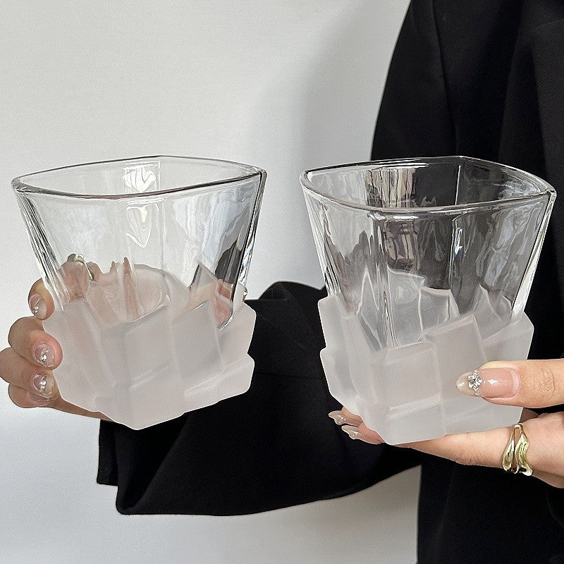Ice cube textured frosted tumbler glasses, held together with clear glass rims
