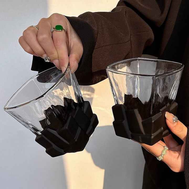 Black frosted ice-cube whiskey glass with faceted texture, 300 ml tumbler