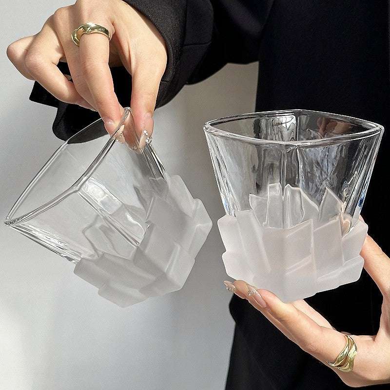 4 Pcs Pink Frosted Ice Cube Glass - Creative Whiskey Glass, Premium Textured Tumbler, 300ml Capacity for Home Bars