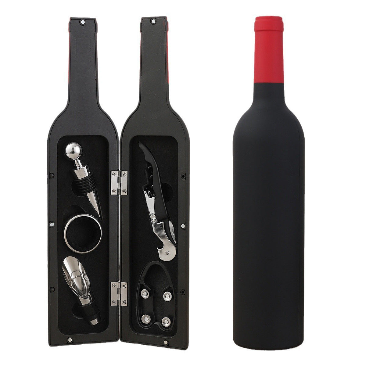 Wine tool set in black case with corkscrew, pourer, and stopper; includes red-capped bottle
