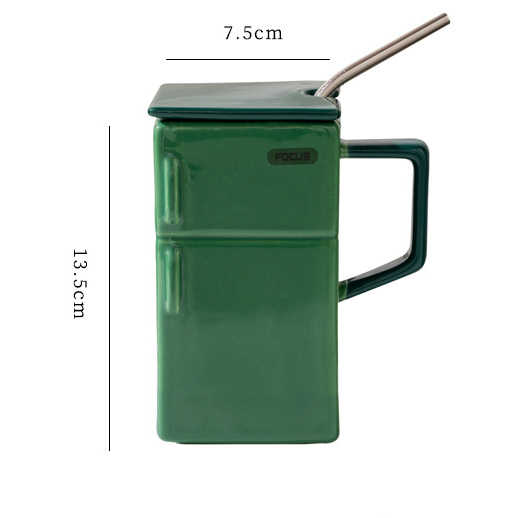 Green ceramic mug with flip lid and straw, rectangular shape, side handle
