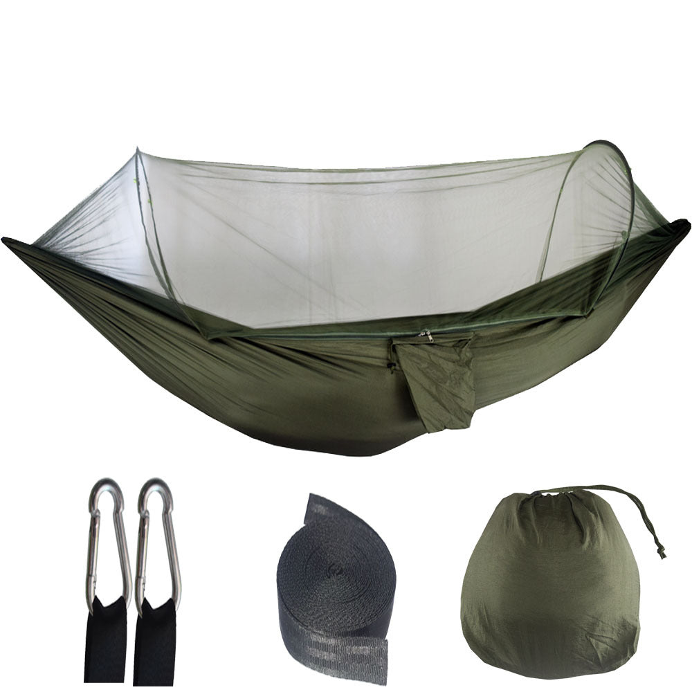 Dark green pop-up mosquito net hammock with hanging straps and enclosed net canopy