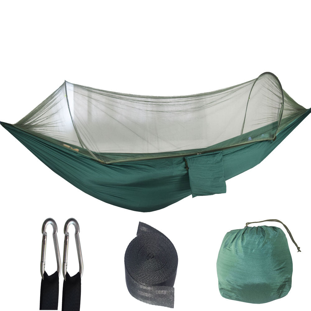 Turquoise mosquito-net hammock with gathered netting and central support pocket