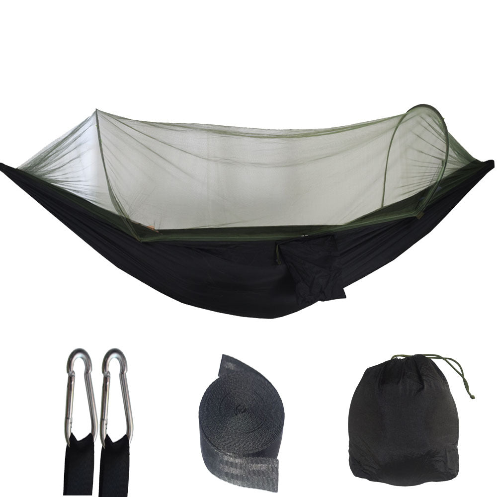 Mosquito net hammock with black fabric base, translucent canopy, and carrying pouch