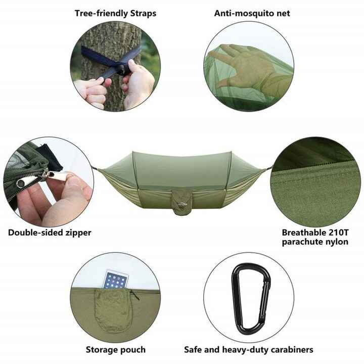 Mosquito net hammock with zipper opening, breathable net, and storage pouch components