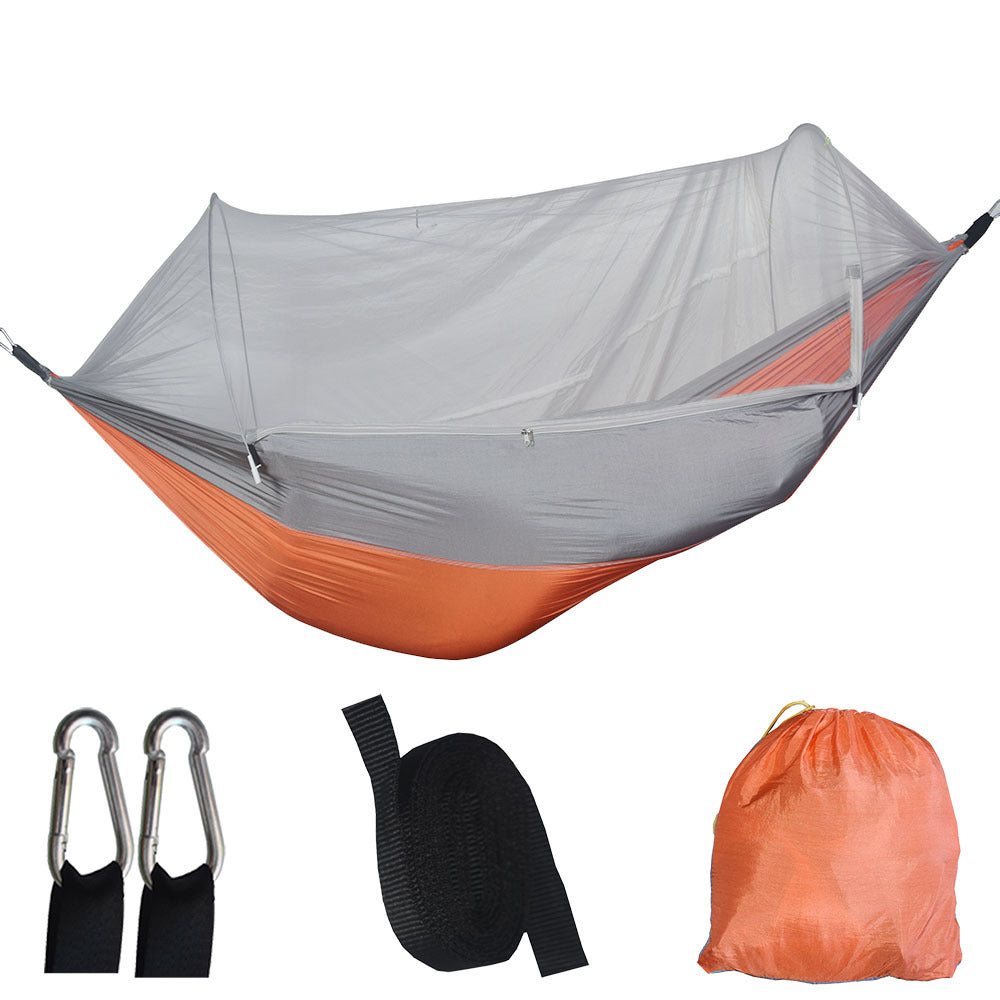 Orange and gray pop-up mosquito net hammock with suspension straps