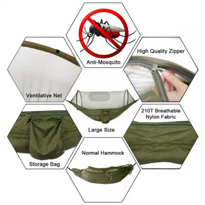 Green mosquito net hammock diagram with zipper and ventilating mesh panels