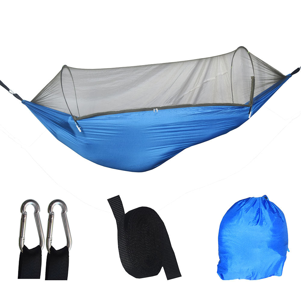 Blue mosquito net hammock with open canopy and netted side panels