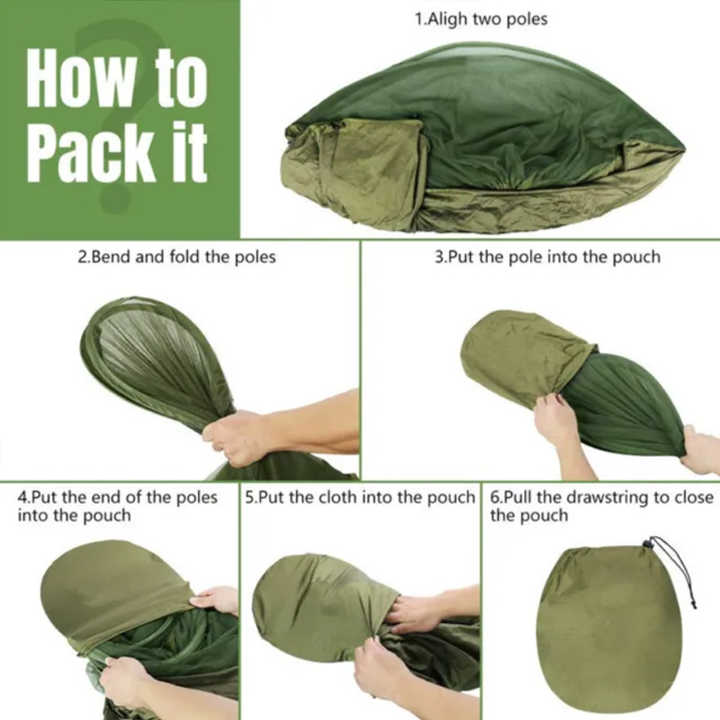 Mosquito net hammock packing pouch with folded poles and cloth bundle