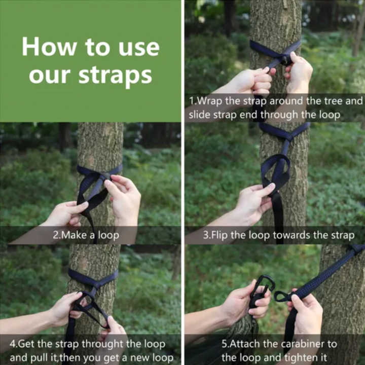 Mosquito net hammock strap system for tree attachment with carabiner clip