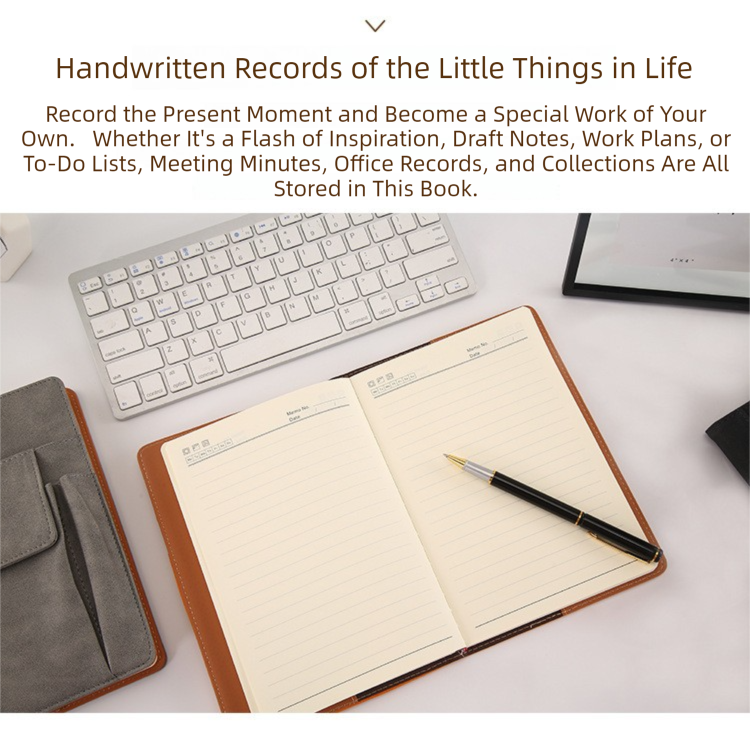 A5 notebook open to lined pages with pen and bookmark, brown cover
