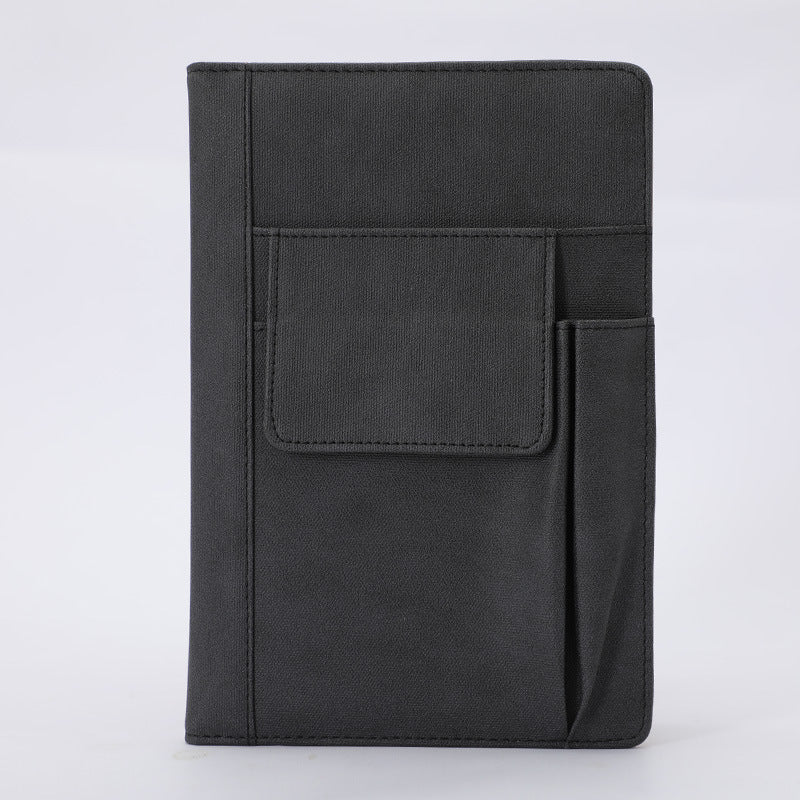 A5 PU leather notebook with front pocket and side elastic strap, black cover