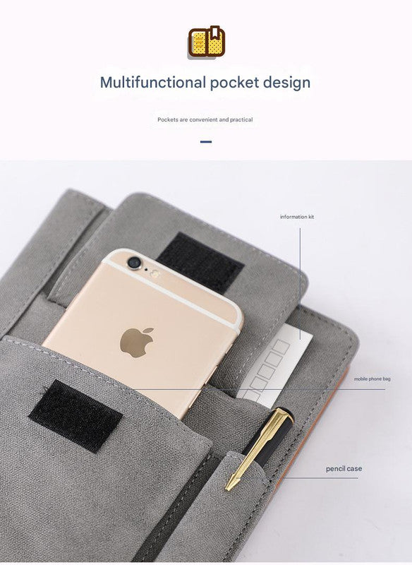 A5 PU leather notebook with gray pocket design, phone slot and pen case