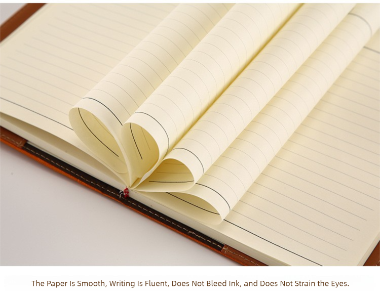 Open lined notebook with smooth lay-flat pages and ruled writing area