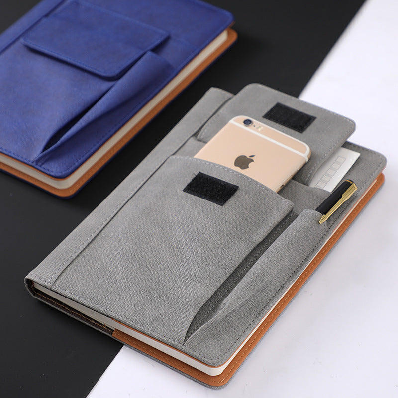 Gray PU leather notebook with front phone pocket and pen loop