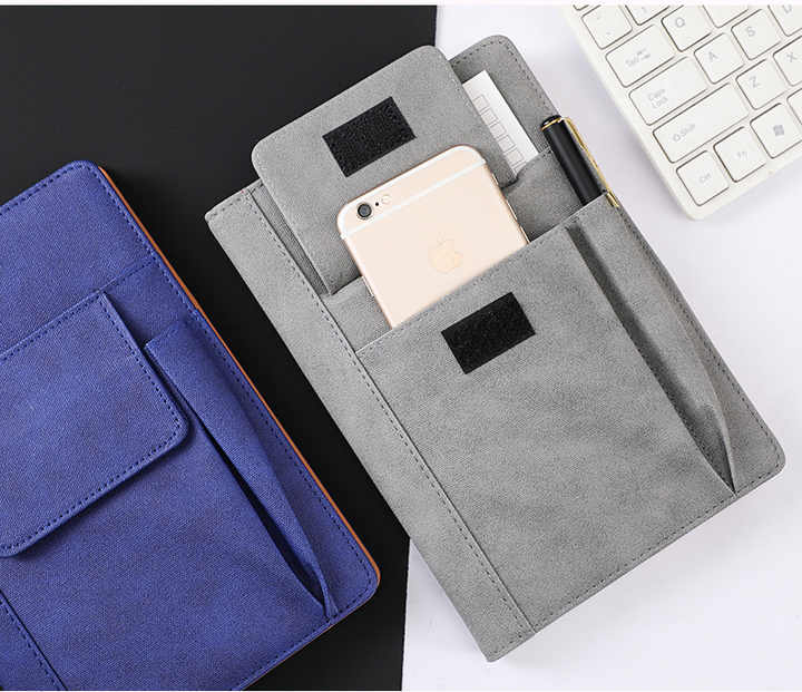 Gray and blue PU leather notebooks with front pockets and elastic openings