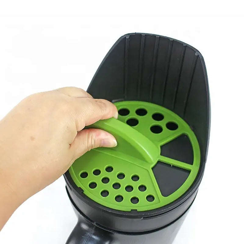 Handheld seeder top, green perforated insert with black lid and handle