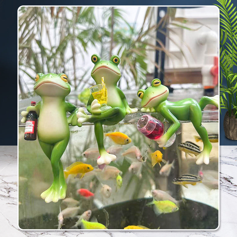 Set of three green frog tank edge decor, holding drinks