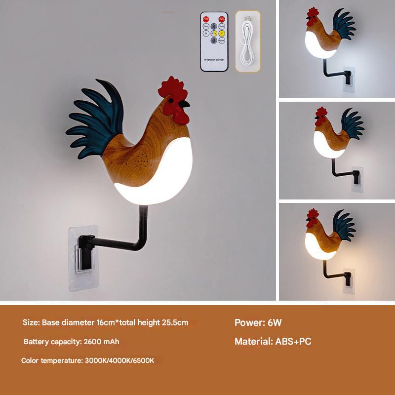 Rooster wall lamp with glowing bulb, wood body, red comb, blue tail, black mount