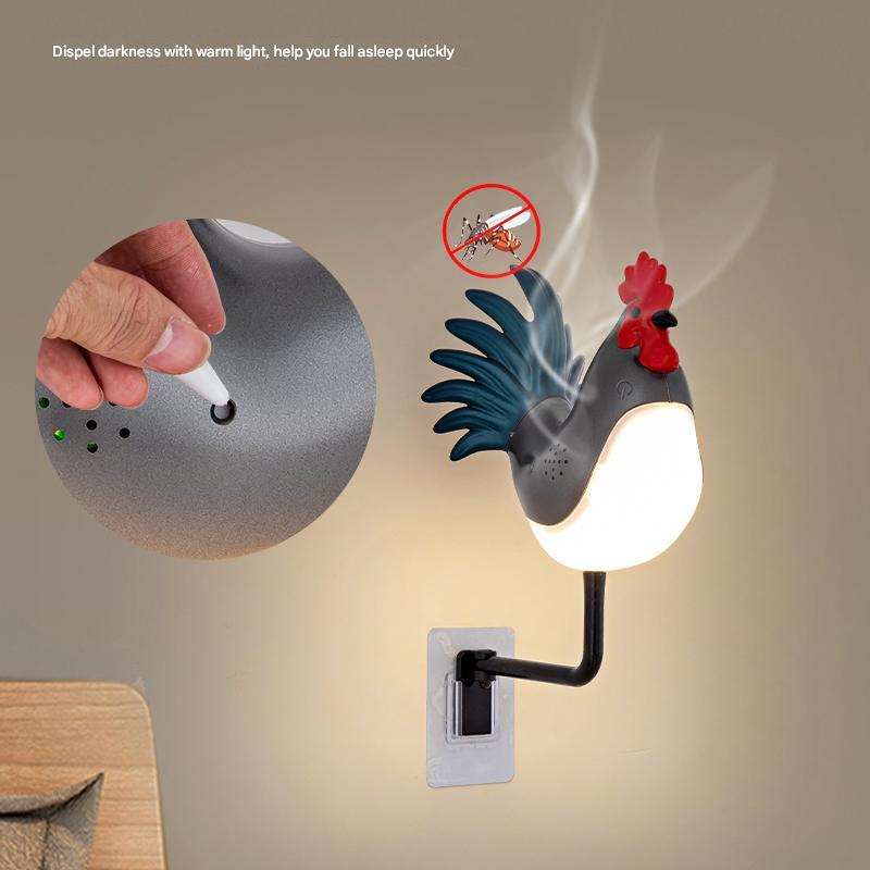 Rooster wall lamp with glowing bulb, red comb and blue tail, black arm and speaker grille