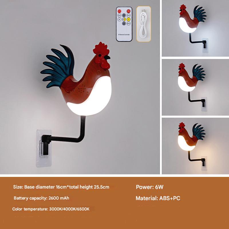 Rooster wall lamp with glowing round bulb, red comb and blue tail feathers