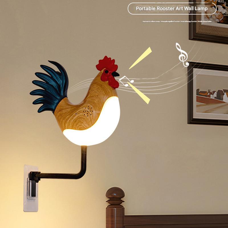 Rooster wall lamp with glowing bulb, black arm, red comb and blue tail feathers