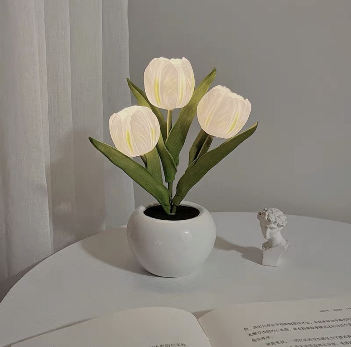 USB tulip night light with white ceramic pot and faux white tulip flowers