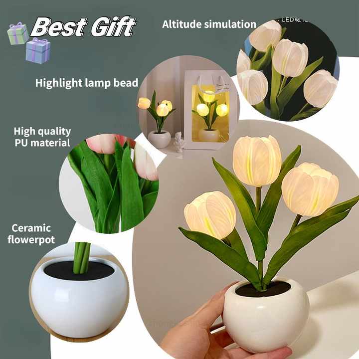 USB tulip night light with white ceramic pot and faux tulip flowers held in hand