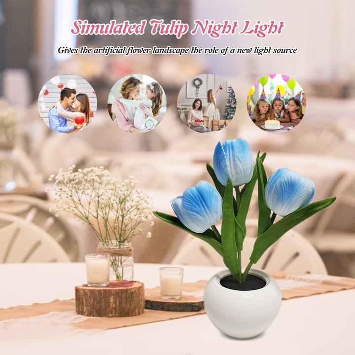 USB tulip night light with white ceramic pot and faux blue tulip flowers