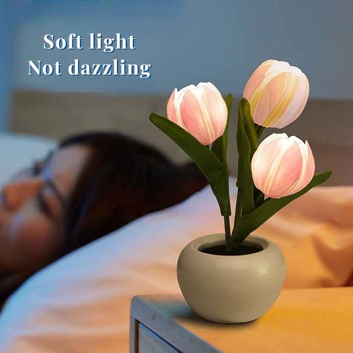 USB tulip night light with white ceramic pot and faux pink and white tulip flowers