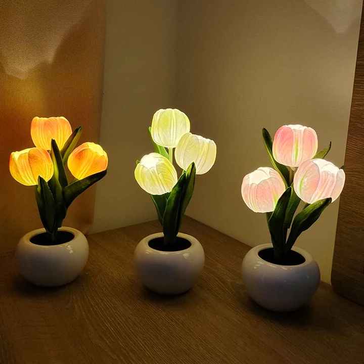 Tulip night light set with glowing faux tulips in three ceramic pots