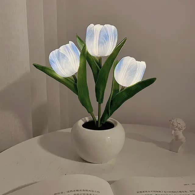 Blue and white tulip night light with PU blooms and ceramic pot base