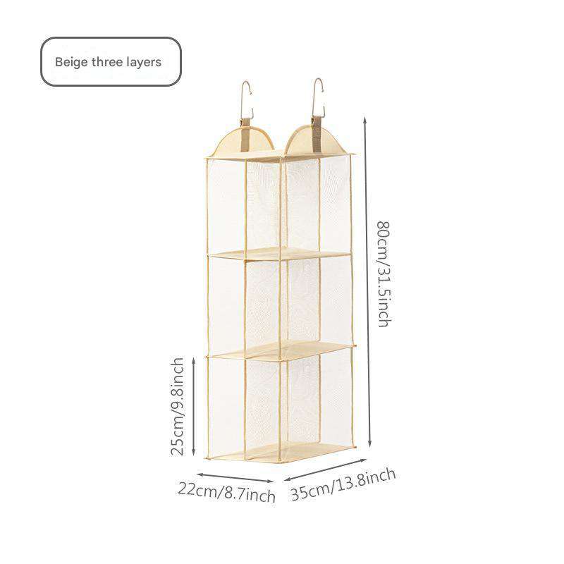 Beige Hanging Dustproof Storage Bag - Multi-Layer Organizer for Bags, Clothes & Accessories, 3-Tier Non-Woven Fabric