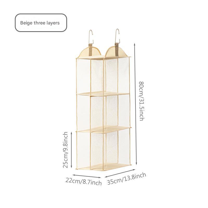 Beige hanging three-tier storage organizer with mesh panels and top hooks